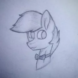 Size: 1077x1080 | Tagged: artist needed, bowtie, bust, derpibooru import, monochrome, oc, oc:shining glow, portrait, safe, simple background, solo, traditional art, unofficial characters only