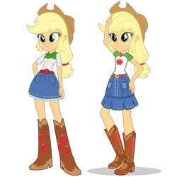 Size: 1475x1475 | Tagged: safe, artist:mewtwo-ex, derpibooru import, applejack, equestria girls, equestria girls series, belt, boots, clothes, comparison, cowboy boots, cowboy hat, denim skirt, equestria girls prototype, female, freckles, geode of super strength, hat, high heel boots, shoes, simple background, skirt, smiling, stetson, transparent background, vector