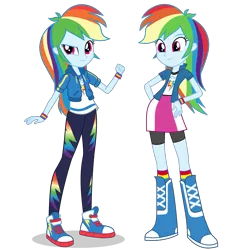 Size: 1475x1475 | Tagged: safe, artist:mewtwo-ex, derpibooru import, rainbow dash, equestria girls, equestria girls series, boots, clothes, comparison, compression shorts, converse, cute, dashabetes, equestria girls prototype, female, geode of super speed, hand on hip, leggings, magical geodes, pants, shoes, shorts, simple background, skirt, smiling, sneakers, socks, transparent background, vector, wristband
