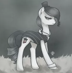 Size: 803x816 | Tagged: safe, artist:soulspade, derpibooru import, oc, oc:guillotine, earth pony, pony, clothes, female, hat, mare, monochrome, neo noir, partial color, solo, top hat