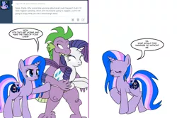 Size: 1204x800 | Tagged: safe, artist:dekomaru, derpibooru import, rarity, spike, oc, oc:midnight, pony, tumblr:ask twixie, ask, comic, female, magical lesbian spawn, male, offspring, parent:trixie, parent:twilight sparkle, parents:twixie, shipping, sparity, straight, tumblr