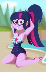 Size: 1650x2550 | Tagged: suggestive, artist:7los7, derpibooru import, sci-twi, twilight sparkle, equestria girls, equestria girls series, forgotten friendship, arm behind head, armpits, beach, breasts, clothes, feet, female, glasses, lidded eyes, looking at you, ocean, sand, sandals, sexy, smiling, smirk, solo, solo female, stupid sexy sci-twi, swimsuit