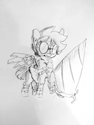 Size: 1440x1920 | Tagged: safe, artist:tjpones, derpibooru import, oc, oc:tjpones, unofficial characters only, earth pony, pony, buck legacy, artificial wings, augmented, clothes, drill, goggles, grayscale, headset, lineart, male, mechanical wing, monochrome, sketch, solo, stallion, traditional art, wings