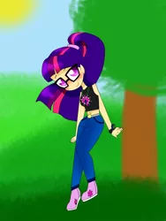 Size: 1944x2592 | Tagged: alternate costumes, alternate hairstyle, artist:galaxiedream, belly button, clothes, derpibooru import, female, glasses, human, humanized, jeans, midriff, pants, safe, sci-twi, shoes, solo, sun, tree, twilight sparkle, watch
