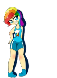 Size: 1606x2185 | Tagged: alternate hairstyle, artist:galaxiedream, clothes, derpibooru import, female, human, humanized, rainbow dash, safe, shoes, shorts, simple background, solo, sports shorts, tanktop, transparent background, wrong eye color