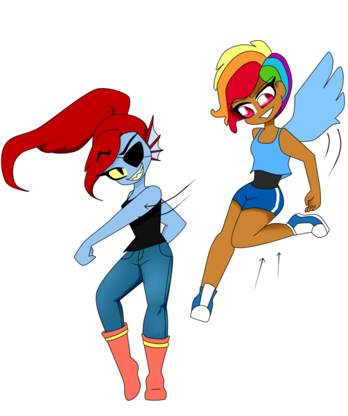 Size: 1739x2077 | Tagged: alternate hairstyle, artist:galaxiedream, boots, clothes, converse, crossover, dark skin, derpibooru import, duo, eyepatch, female, fight, human, humanized, jeans, pants, punch, rainbow dash, safe, shoes, simple background, sports shorts, tanktop, transparent background, undertale, undyne, winged humanization, wings