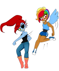 Size: 1739x2077 | Tagged: alternate hairstyle, artist:galaxiedream, boots, clothes, converse, crossover, dark skin, derpibooru import, duo, eyepatch, female, fight, human, humanized, jeans, pants, punch, rainbow dash, safe, shoes, simple background, sports shorts, tanktop, transparent background, undertale, undyne, winged humanization, wings