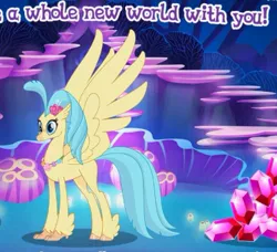 Size: 405x369 | Tagged: aladdin, a whole new world, classical hippogriff, derpibooru import, gameloft, hippogriff, meme, my little pony: the movie, princess skystar, safe, song reference, wow! glimmer