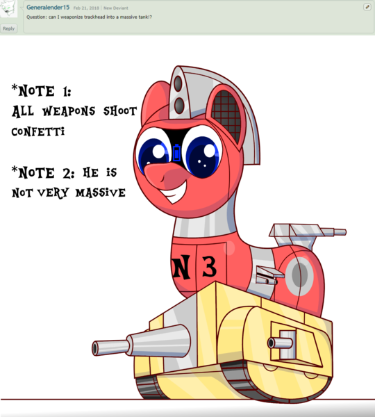 Size: 1349x1500 | Tagged: safe, artist:trackheadtherobopony, derpibooru import, oc, oc:trackhead, unofficial characters only, original species, pony, robot, robot pony, tank pony, wheelpone, answer, cannon, cute, deviantart, question, simple background, solo, tank (vehicle), text, transparent background, turret