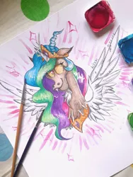 Size: 1536x2048 | Tagged: artist:woonborg, derpibooru import, discord, draconequus, jewelry, paintbrush, princess celestia, regalia, safe, signature, smiling, solo, traditional art, watercolor painting, wings