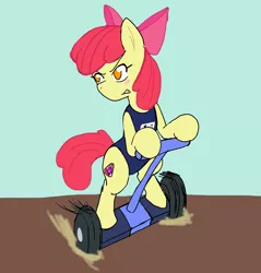 Size: 1958x2048 | Tagged: safe, artist:omegapony16, derpibooru import, apple bloom, earth pony, pony, bipedal, bow, clothes, colored, cutie mark, female, filly, hair bow, japanese, looking back, one-piece swimsuit, segway, solo, swimsuit, the cmc's cutie marks