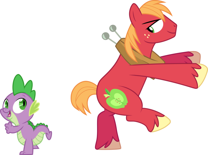 Size: 4030x3000 | Tagged: safe, artist:cloudyglow, derpibooru import, big macintosh, spike, dragon, earth pony, pony, dungeons and discords, dancing, lidded eyes, looking back, male, simple background, smiling, stallion, transparent background, vector