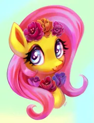 Size: 679x889 | Tagged: safe, artist:sorcerushorserus, derpibooru import, fluttershy, pegasus, pony, bust, cute, female, floral necklace, flower, flower in hair, gradient background, looking at you, looking up, mare, portrait, shyabetes, simple background, smiling, solo, three quarter view