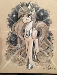 Size: 1536x2048 | Tagged: safe, artist:andypriceart, derpibooru import, princess celestia, alicorn, pony, crown, female, jewelry, looking at you, mare, monochrome, regalia, simple background, solo, traditional art