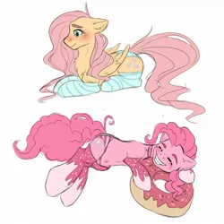 Size: 1280x1280 | Tagged: safe, artist:dinoalpaka, derpibooru import, fluttershy, pinkie pie, earth pony, pegasus, pony, blushing, chest fluff, clothes, collar, cute, diapinkes, donut, duo, female, food, mare, panties, prone, rcf community, shyabetes, simple background, socks, striped socks, striped underwear, underwear, white background