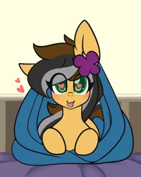 Size: 2000x2500 | Tagged: safe, artist:mimisaurusrex, derpibooru import, oc, oc:steaming stove, unofficial characters only, :p, blanket, blushing, cute, flower, flower in hair, heart, heart eyes, looking at you, lying down, silly, staring into your soul, tongue out, warm, wingding eyes