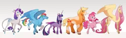 Size: 1280x391 | Tagged: safe, artist:sutexii, derpibooru import, applejack, fluttershy, pinkie pie, rainbow dash, rarity, twilight sparkle, twilight sparkle (alicorn), alicorn, classical unicorn, earth pony, pegasus, pony, unicorn, alternate design, cloven hooves, colored hooves, diverse body types, female, gray background, image, leonine tail, mane six, mare, piebald coloring, pinto, png, simple background, size difference, smiling, socks (coat marking), star (coat marking), twitterina design, unshorn fetlocks