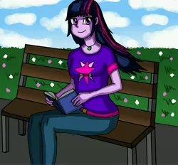 Size: 6600x6122 | Tagged: safe, artist:takrontoxicity, derpibooru import, twilight sparkle, equestria girls, absurd resolution, bench, book, clothes, cute, cutie mark on clothes, female, looking at you, pants, sitting, smiling, solo