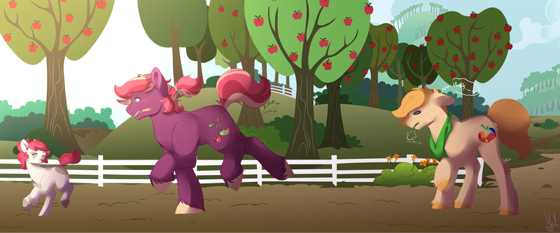 Size: 6000x2500 | Tagged: safe, artist:mah521, derpibooru import, oc, oc:apple dust, oc:chocolate apple, oc:manchester cherry, unofficial characters only, earth pony, pony, apple tree, female, fence, filly, high res, male, offspring, parent:apple bloom, parent:applejack, parent:big macintosh, parent:pipsqueak, parent:sugar belle, parents:pipbloom, parents:sugarmac, stallion, tree