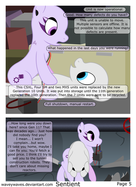 Size: 3840x5280 | Tagged: safe, artist:waveywaves, derpibooru import, oc, oc:joule, unofficial characters only, pony, robot, robot pony, comic:sentient, comic