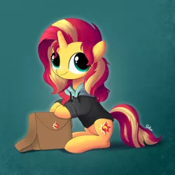 Size: 1000x1000 | Tagged: safe, artist:songbirdserenade, derpibooru import, sunset shimmer, pony, unicorn, clothes, cute, female, hoodie, looking at you, mare, saddle bag, shimmerbetes, sitting, solo
