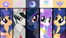 Size: 2372x1366 | Tagged: safe, artist:velveagicsentryyt, derpibooru import, princess flurry heart, oc, oc:galaxy swirls, oc:moonlight sonata, oc:mysterilestia, oc:velvet sentry, alicorn, hybrid, pony, female, interspecies offspring, mare, offspring, older, parent:discord, parent:flash sentry, parent:king sombra, parent:princess celestia, parent:princess luna, parent:twilight sparkle, parents:dislestia, parents:flashlight, parents:lumbra