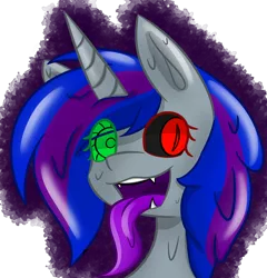 Size: 2482x2588 | Tagged: safe, artist:askhypnoswirl, derpibooru import, oc, oc:vinyl darkscratch, unofficial characters only, goo pony, original species, bust, fangs, heterochromia, simple background, tongue out, transparent background