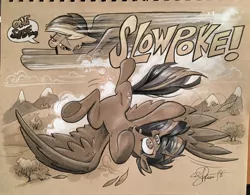 Size: 2048x1596 | Tagged: safe, artist:andypriceart, derpibooru import, rainbow dash, twilight sparkle, twilight sparkle (alicorn), alicorn, pegasus, pony, armpits, cloud, duo, female, flying, leaf, mare, monochrome, mountain, rainbow douche, sky, snow, speech bubble, text, traditional art, wings, you're too slow