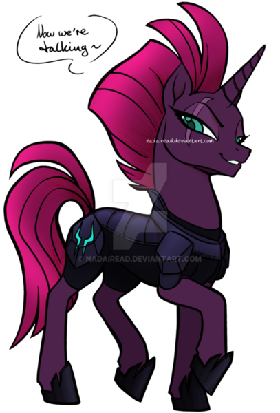Size: 736x1086 | Tagged: safe, artist:nadairead, derpibooru import, tempest shadow, pony, unicorn, my little pony: the movie, armor, bad end, evil grin, eye scar, female, good end, grin, happy, looking at you, mare, scar, simple background, smiling, smirk, smug, smugest shadow, solo, speech, speech bubble, tempest gets her horn back, tempest now has a true horn, text, transparent background, watermark