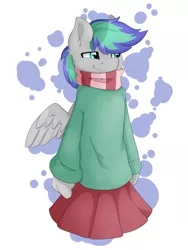 Size: 3000x4000 | Tagged: anthro, artist:littledreamycat, clothes, crossdressing, cute, derpibooru import, male, oc, oc:storm feather, pegasus, pleated skirt, safe, scarf, skirt, solo, stallion, unofficial characters only