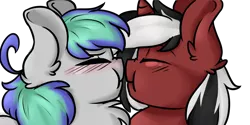 Size: 2000x1000 | Tagged: safe, artist:littledreamycat, derpibooru import, oc, oc:phantom, oc:storm feather, unofficial characters only, pony, unicorn, blushing, boop, chest fluff, cute, ear fluff, eyes closed, gay, male, noseboop, nuzzling, oc x oc, red and black oc, shipping, simple background, transparent background