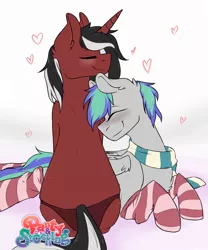 Size: 2500x3000 | Tagged: suggestive, artist:littledreamycat, derpibooru import, oc, oc:phantom, oc:storm feather, unofficial characters only, pegasus, pony, unicorn, blushing, chest fluff, clothes, crossdressing, cuddling, ear fluff, eyes closed, gay, heart, love, male, oc x oc, panties, panty and stocking with garterbelt, red and black oc, scarf, shipping, simple background, smiling, socks, striped socks, underwear, white background