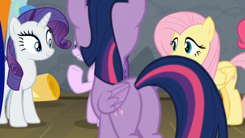 Size: 1920x1080 | Tagged: safe, derpibooru import, screencap, fluttershy, pinkie pie, rarity, starlight glimmer, twilight sparkle, twilight sparkle (alicorn), alicorn, earth pony, pegasus, pony, unicorn, horse play, season 8, back of head, butt, female, mare, plot, rear view