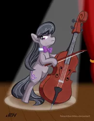 Size: 720x928 | Tagged: safe, artist:texasuberalles, derpibooru import, part of a set, octavia melody, earth pony, pony, bipedal, bow, bowtie, cello, colored pencil drawing, concert, female, hoof hold, looking at you, mare, marker drawing, musical instrument, scene, solo, spotlight, stage, standing, traditional art