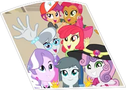 Size: 8871x6354 | Tagged: safe, artist:punzil504, derpibooru import, apple bloom, babs seed, diamond tiara, gabby, scootaloo, silver spoon, sweetie belle, equestria girls, equestria girls series, forgotten friendship, absurd resolution, cutie mark, cutie mark crusaders, equestria girls-ified, glasses, happy, hat, photo, simple background, smiling, the cmc's cutie marks, transparent background