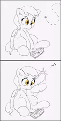 Size: 3939x7836 | Tagged: safe, artist:pabbley, derpibooru import, derpy hooves, fly, pegasus, pony, book, comic, female, mare, monochrome, partial color, reading, simple background, sketch, smiling, solo, white background, wings