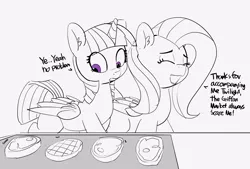 Size: 5613x3803 | Tagged: safe, artist:pabbley, derpibooru import, fluttershy, twilight sparkle, twilight sparkle (alicorn), alicorn, pony, drool, eyes closed, female, food, mare, meat, monochrome, omnivore twilight, ponies wanting to eat meat, simple background, sketch, smiling