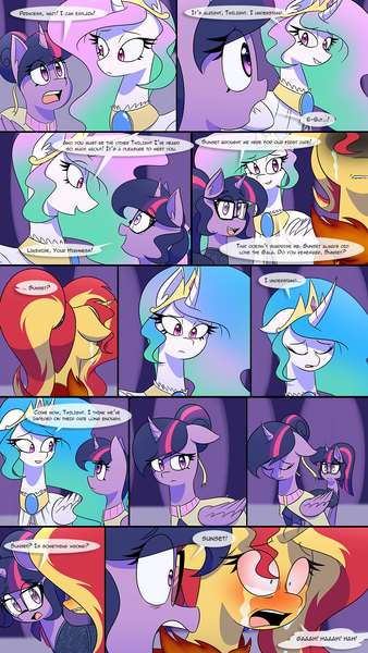 Size: 1080x1920 | Tagged: safe, artist:jase1505, deleted from derpibooru, derpibooru import, princess celestia, sci-twi, sunset shimmer, twilight sparkle, twilight sparkle (alicorn), alicorn, comic:night at the gala, series:sunlight horizons, comic, crying, female, freakout, lesbian, panic attack, sad, scitwishimmer, shipping, sunsetsparkle, unicorn sci-twi