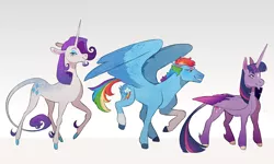 Size: 1280x769 | Tagged: safe, artist:sutexii, derpibooru import, rainbow dash, rarity, twilight sparkle, twilight sparkle (alicorn), alicorn, classical unicorn, pegasus, pony, unicorn, alternate design, beard, butt fluff, cloven hooves, colored hooves, colored wings, colored wingtips, cutie mark, facial hair, female, gradient background, grin, horn, image, leonine tail, png, raised hoof, smiling, socks (coat marking), star (coat marking), trio, twitterina design, unshorn fetlocks, white background, wings