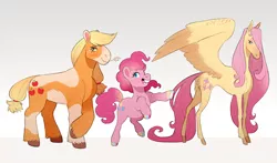 Size: 1280x753 | Tagged: safe, artist:sutexii, derpibooru import, applejack, fluttershy, pinkie pie, earth pony, pegasus, pony, alternate design, butt fluff, colored hooves, crossed hooves, cutie mark, female, gradient background, gray background, grin, image, modelshy, painted hooves, piebald coloring, pinto, png, rearing, simple background, smiling, spread wings, trio, twitterina design, wings