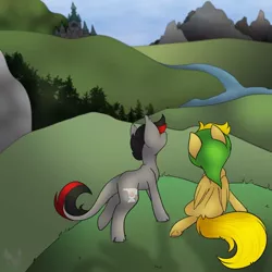 Size: 894x894 | Tagged: safe, artist:melonzy, derpibooru import, oc, oc:cinder smith, oc:winds (old version), unofficial characters only, pegasus, pony, unicorn, duo, friends, mountain, river, scenery, sitting, standing