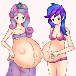 Size: 1024x1024 | Tagged: adult, artist:kirby2264923, belly, belly button, breasts, clothes, cousins, derpibooru import, hand on belly, heart, human, humanized, humanized oc, hyper, hyper pregnancy, kicking, linea nigra, multiple pregnancy, oc, oc:melody aurora, offspring, older, parent:flash sentry, parents:flashlight, parent:twilight sparkle, pregnant, princess flurry heart, suggestive, underboob, underwear