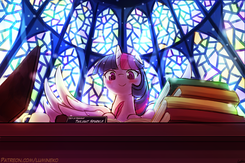 Size: 1125x750 | Tagged: safe, artist:lumineko, derpibooru import, twilight sparkle, twilight sparkle (alicorn), alicorn, deity, pony, blushing, book, desk, female, like a boss, mare, misspelling, quill, smiling, solo, spread wings, stained glass, wings, writing