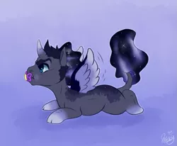 Size: 623x514 | Tagged: safe, artist:qatsby, derpibooru import, oc, oc:somber moon, alicorn, classical unicorn, pony, alicorn oc, baby, baby pony, cloven hooves, colt, ethereal mane, gradient hooves, leonine tail, male, offspring, pacifier, parent:king sombra, parent:princess luna, parents:lumbra, solo, spread wings, starry mane, wings