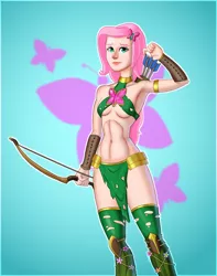 Size: 1700x2152 | Tagged: abs, abstract background, alternate version, armpits, artist:dinosaurcol, belly button, bocas top, bow (weapon), breasts, clothes, derpibooru import, element of kindness, elements of harmony, female, fluttershy, human, humanized, light skin, loincloth, midriff, quiver, simple background, solo, solo female, suggestive, torn clothes, tribal, underboob