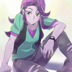 Size: 2550x2550 | Tagged: safe, artist:rustyartist, derpibooru import, starlight glimmer, equestria girls, beanie, blushing, hat, looking at you, sitting, solo