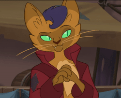 Size: 312x253 | Tagged: abyssinian, animated, anthro, capper dapperpaws, cat, clothes, coat, cunning, derpibooru import, gif, handsome, klugetown, male, my little pony: the movie, pointing, raised eyebrow, safe, screencap, solo, whiskers