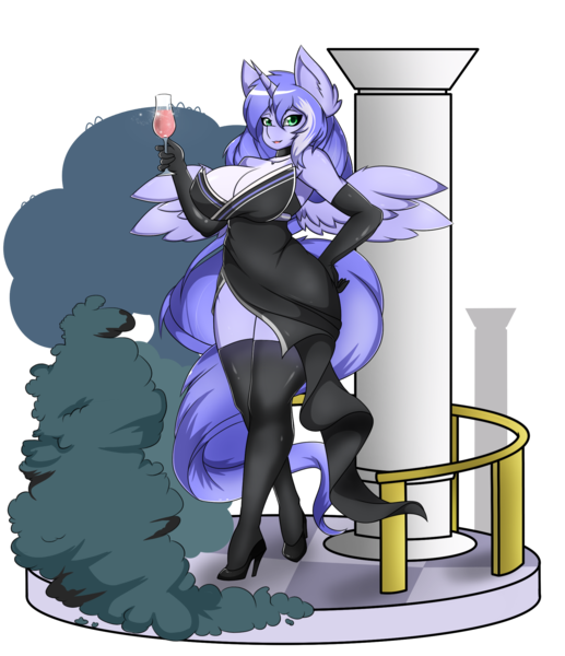 Size: 1873x2172 | Tagged: suggestive, artist:zzvinniezz, derpibooru import, oc, oc:mariah wolves, alicorn, anthro, unicorn, alcohol, alicorn oc, anthro oc, big breasts, breasts, cleavage, clothes, crossed legs, dress, evening gloves, female, glass, gloves, hand on hip, high heels, holding, long gloves, looking at you, open mouth, pillar, platform, shoes, simple background, skintight clothes, solo, solo female, stockings, thigh highs, transparent background, wide hips, wine