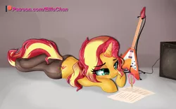 Size: 4000x2500 | Tagged: safe, artist:katakiuchi4u, derpibooru import, sunset shimmer, pony, unicorn, clothes, cute, electric guitar, female, gibson flying v, glowing horn, guitar, guitar amp, magic, mare, pantyhose, patreon, patreon logo, pencil, shimmerbetes, smiling, solo, stockings, thigh highs, writing