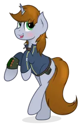 Size: 2500x4000 | Tagged: safe, artist:mrlolcats17, derpibooru import, oc, oc:littlepip, pony, unicorn, fallout equestria, fanfic, blushing, clothes, cutie mark, fanfic art, female, happy, high res, hooves, horn, mare, open mouth, pipbuck, simple background, solo, teeth, transparent background, vault suit, vector